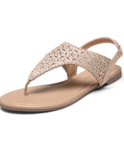 DREAM PAIRS Womens MEDINIE Rhinestone Casual Wear Gladiator Flat Cut Out Sandal, Nude – 8.5