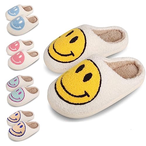 dubuto Soft Plush Smile Face Slippers for Girls Boys, Anti-slip Fluffy Fuzzy House Slippers with Memory Foam Slip Cute Cartoon Smile Shoes Warmth for Indoor Outdoor