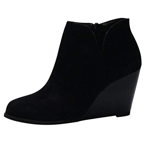 Women Round Toe Boots Fashion Casual Ladies Suede High Wedge Heel Slip On Side Zipper Solid Color Short Ankle Outdoor Shoes Cozy Comfortable Work Booties (Size:42=US:9.5-10, Black)