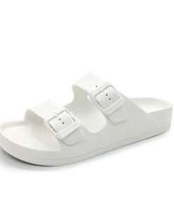 FUNKYMONKEY Women’s Comfort Slides Double Buckle Adjustable EVA Flat Sandals (8 M US-Women, White)