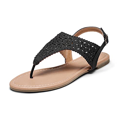 DREAM PAIRS Medinie Womens Rhinestone Casual Wear Cut Out Flat Sandal Black – 8