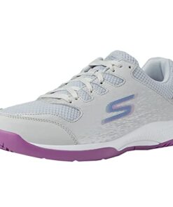 Skechers Women’s Viper Court-Athletic Indoor Outdoor Pickleball Shoes with Arch Fit Support Sneakers, Grey/Purple, 7.5