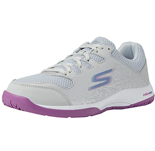 Skechers Women’s Viper Court-Athletic Indoor Outdoor Pickleball Shoes with Arch Fit Support Sneakers, Grey/Purple, 7.5