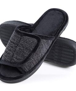 DL Adjustable Mens Slippers Memory Foam, Open Toe House Slippers For Men Comfy Indoor Outdoor, Cozy Breathable Slide Bedroom Velcor Slippers Size 11-12 Black