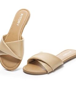 FITORY Women’s Flat Sandals Fashion Slides With Soft Leather Slippers for Summer Camel Size 8