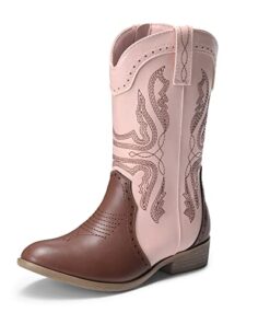 DREAM PAIRS SDBO2222K Girls Cowgirl Cowboy Western Boots Mid Calf Riding Shoes Pink/Brown Size 1 Little Kid