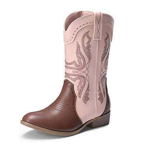 DREAM PAIRS SDBO2222K Girls Cowgirl Cowboy Western Boots Mid Calf Riding Shoes Pink/Brown Size 1 Little Kid