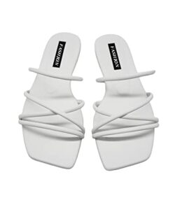 GORGLITTER PU Leather Flat Slip on Sandals Cross Strap Open Toe Summer Slide Sandals White CN37