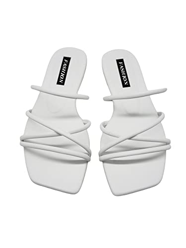 GORGLITTER PU Leather Flat Slip on Sandals Cross Strap Open Toe Summer Slide Sandals White CN37