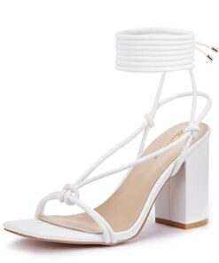 Elisabet Tang Women’s Lace Up Chunky Heels Sandals,3 inch Block Heels Ankle Wrap Strappy Heel Square Open Toe Strappy Heeled Sandals Shoes (White, adult, women, numeric_9, numeric, us_footwear_size_system, medium)