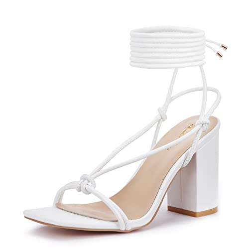 Elisabet Tang Women’s Lace Up Chunky Heels Sandals,3 inch Block Heels Ankle Wrap Strappy Heel Square Open Toe Strappy Heeled Sandals Shoes (White, adult, women, numeric_9, numeric, us_footwear_size_system, medium)