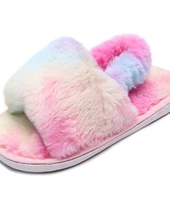LightFun Fuzzy Fluffy Furry girls kids slippers cloud Fur Open Toe Slippers for kid House Home Indoor Outdoor(Colorful,45)