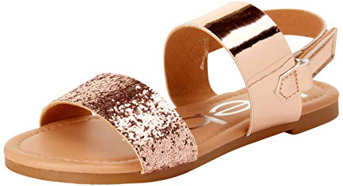 bebe Girls’ Sandal – Two Strapped Patent Leatherette Glitter Sandals (Toddler/Little Kid), Size 1 Little Kid, Rose Gold