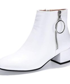 IDIFU Women Ring Zipper Ankle Boots 1.8 Inch Low Block Heels Round Toe Dress Booties (White Pu, 9 M US)