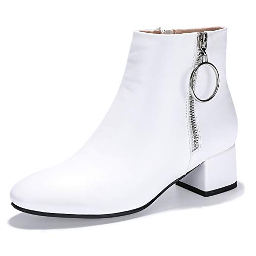 IDIFU Women Ring Zipper Ankle Boots 1.8 Inch Low Block Heels Round Toe Dress Booties (White Pu, 9 M US)