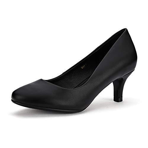 IDIFU Women’s Classic Low Heels Dress Pumps 2 Inch Kitten Heel Round Toe Office Wedding Shoes (Black PU, 12 B(M) US)