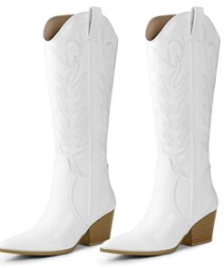 Arromic White Cowgirl Boots, Embroidered Western Cowboy Boots for Women Knee High Tall Pointed Toe Pull On Zipper Stitching Chunky Heel Fashion Booties