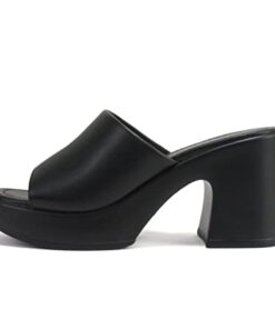 Soda “TYPO” ~ Women Open Square Toe Single Band Upper High Unit Block Heel Slide In Sandal (Black PU, us_footwear_size_system, adult, women, numeric, medium, numeric_10)