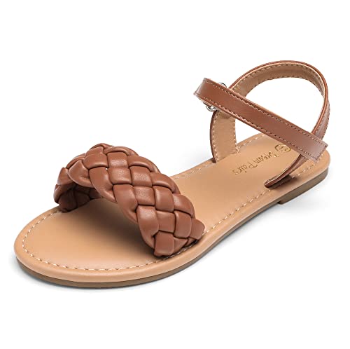 DREAM PAIRS SDSD222K Girls Sandals Classic Open Toe Braided Flat Sandals Summer Dress Shoes Brown Size2