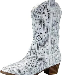 Forever Girls/Kids Rhinestone Western Cowgirl Cowboy Pointed Toe Low Heel Boots River-11K White 3