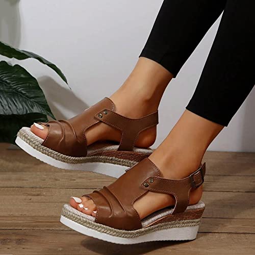 Orthopedic Platform Wedge Sandals for Women Summer Dressy Flat 2023 Open Toe Ankle Strap Espadrilles Sandals Casual Strappy Slip on Sandals Beach Boho Sandals Comfortable Outdoor Shoes (Brown #2, 10)