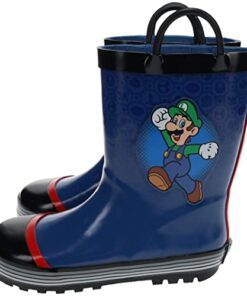 Super Mario Brothers Mario & Luigi Rain Boot for Kids, Nintendo, 100% Rubber, Waterproof, Blue/Black, Big Kid Size 1/2