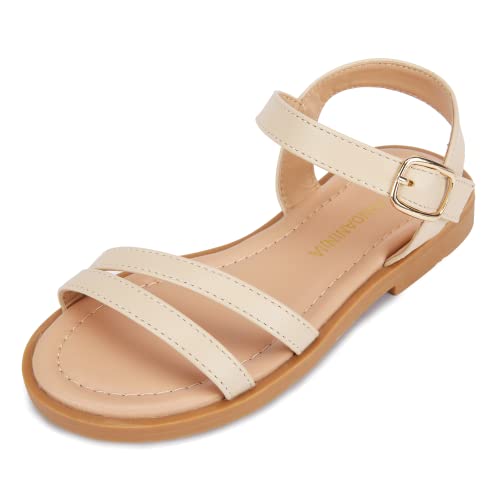 PANDANINJIA Mona Girls Sandals Toddler/Little Kid Cute Open Toe Flats Dress Sandals Summer Shoes (Beige Pu, 4 M US Big Kid)