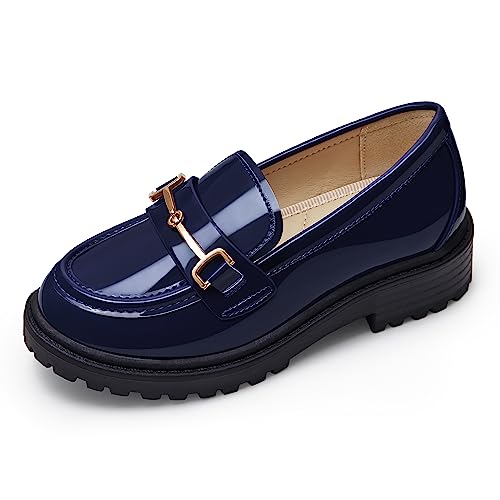 Coutgo Girl’s Platform Loafers Slip On Chain Chunky Heel Leather Flats Round Toe School Uniform Dress Shoes Navy