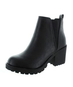 Soda ORIGAMI ~ WOMEN LUG SOLE MID HEEL FASHION ANKLE BOOTIE W/DOUBLE ELASTIC GORE (10, Black, numeric_10)