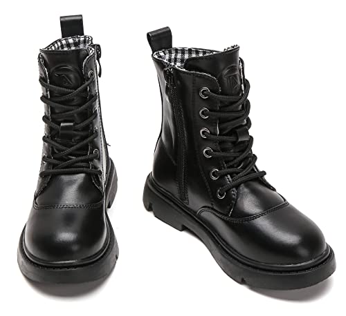 DADAWEN Boys Girls Waterproof Lace Up Mid Calf Combat Boots With Side Zipper for Toddler/Little Kid/Big Kid Black US Size 3.5 M Big Kid