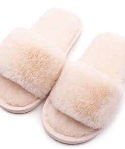 techcity Boys Girls Fuzzy House Slippers Cute Comfy Faux Fur Slip On Fluffy Plush Open Toe Home Slides for Kids Indoor Outdoor Warm Shoes (White, numeric_8_point_5)
