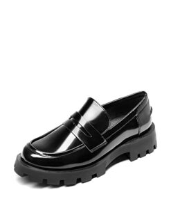 DREAM PAIRS Black Loafers Shoes Women, Lug Sole Slip On Platform Chunky Penny Loafers for Women Dressy and Work, Business Casual Shoes for Women, Black-pat, Size 11, Sdls2318w