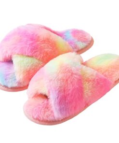 shoeslocker Girls Cross Band Slippers Open Toe Tie Dye Plush House Slippers Nonslip Casual Slippers Peach Size 12