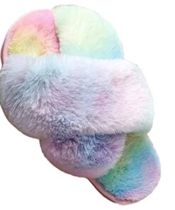 LightFun Girl’s Fuzzy Fluffy Furry Slippers Fur Flip Flop Open Toe Slippers Cross Band Shoes Slides for Girls House Home Indoor Outdoor (Colorful, 4-5)