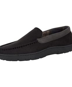 Hanes Mens Moccasin Slipper House Shoe With Indoor Outdoor Memory Foam Sole Fresh IQ Odor Protection , Black , Large