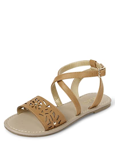 The Children’s Place Girls Flat Sandals, Tan Perforated, 13 Big Kid