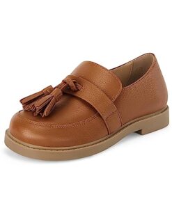 Coutgo Girls Loafers Tassel Flats Slip On Vegan Leather School Uniform Dress Shoes Brown