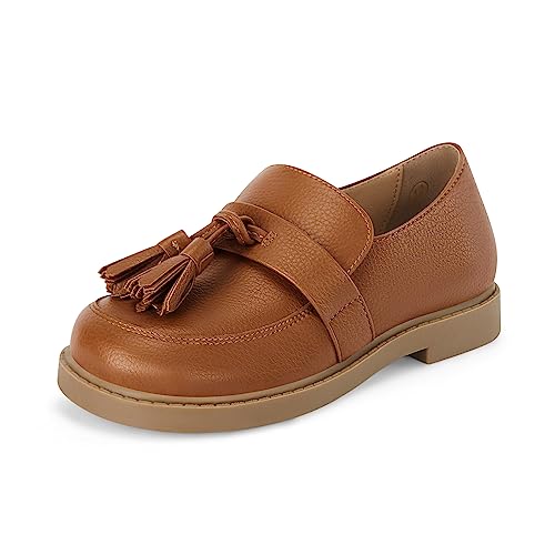 Coutgo Girls Loafers Tassel Flats Slip On Vegan Leather School Uniform Dress Shoes Brown