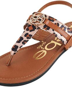 bebe Girls’ Sandals – Leatherette Leopard Thong Sandals with Heel Straps (Little Kid/Big Kid), Size 12 Little Kid, Cognac