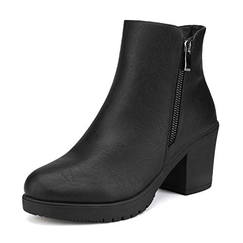 DREAM PAIRS Womens Black Pu Chunky Heel Ankle Boots Platform Booties Size 7.5 B(M) US Z0EY-2, Black/Pu/2