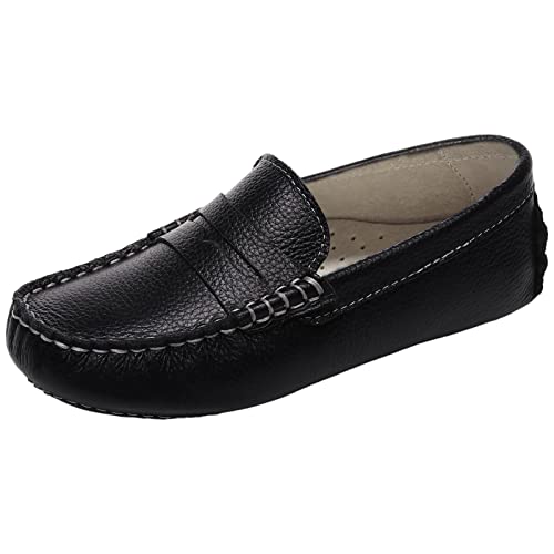 rismart Boys Girls Loafer Flats Slip-On Comfort School Casual Dress Shoes Black, 3.5 Big Kid
