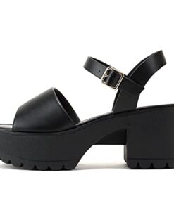 Soda “Stacie” ~ Women Open Toe Lug Sole Low Block Heeled Sandals with Adjustable Ankle Strap (BLACK PU, us_footwear_size_system, adult, women, numeric, medium, numeric_8_point_5)