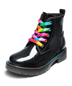 DREAM PAIRS SDBO2220K Girls Boys Glitter Ankle Boots Side Zipper Combat Shoes with Lace Up 1 Little_Kid Black/PU