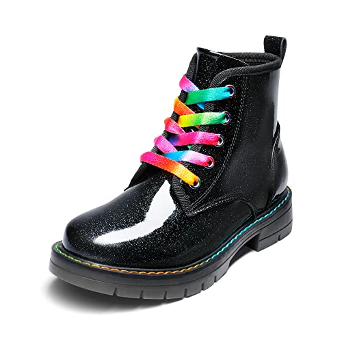 DREAM PAIRS SDBO2220K Girls Boys Glitter Ankle Boots Side Zipper Combat Shoes with Lace Up 1 Little_Kid Black/PU
