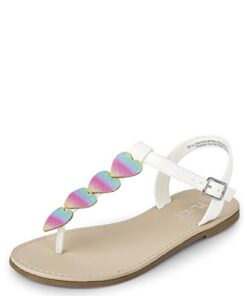 The Children’s Place Girls T-Strap Sandals with Ankle Buckle, White Multi Hearts, 6 Big Kid