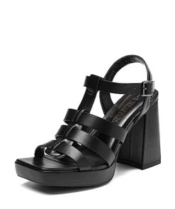 DREAM PAIRS Women’s Gladiator Sandals Platform Chunky Heels Sandals, Y2K Strappy Block Heeled Sandals with Adjustable Ankle Strap, Open Square Toe Fisherman T-Strap BLACK, Size 9, SDHS2372W