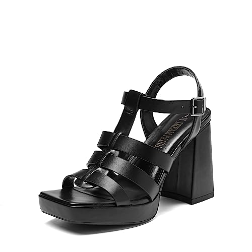 DREAM PAIRS Women’s Gladiator Sandals Platform Chunky Heels Sandals, Y2K Strappy Block Heeled Sandals with Adjustable Ankle Strap, Open Square Toe Fisherman T-Strap BLACK, Size 9, SDHS2372W