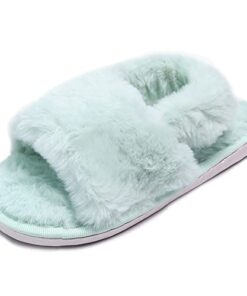 LightFun Fuzzy Fluffy Furry girls kids slippers cloud Fur Open Toe Slippers for kid House Home Indoor Outdoor(Green,45)