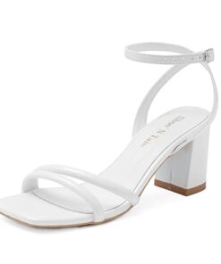 Shoe’N Tale Strappy Heels for women Chunky Block Heels Ankle Buckle Square Toe Heeled Sandals (7,C-White)