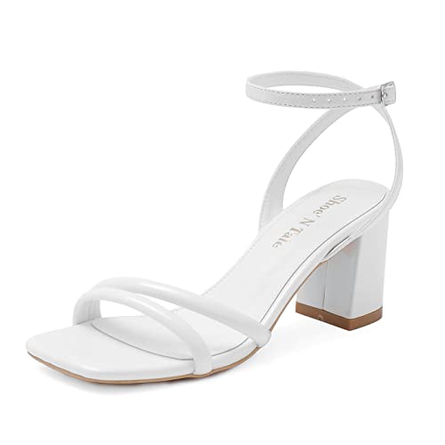 Shoe’N Tale Strappy Heels for women Chunky Block Heels Ankle Buckle Square Toe Heeled Sandals (7,C-White)